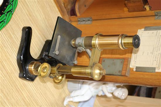 A cased microscope and two Royal College of Science plaques microscope height 37.5cm